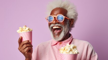 Mature man bites into popcorn with delight.