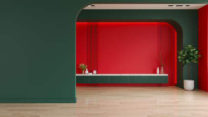 TV wall mock up ,Living room interior with  Christmas New Year background, green and red wall ,3d render