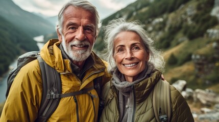 Retired pairs taking a leisurely stroll through mountain terrain.