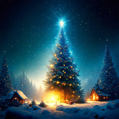 Christmas background with snowflakes and christmas tree, vector illustration