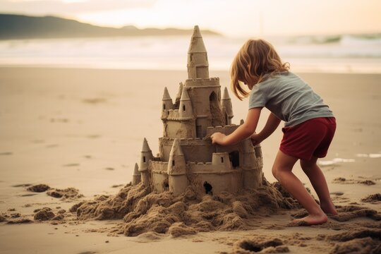 Photo from behind of siblings building a sandcastle on the shore. Generative AI