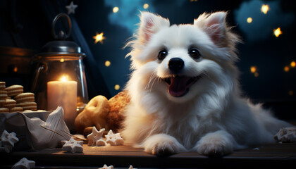 Fototapeta na wymiar Cute puppy sitting on table, looking at candle flame generated by AI