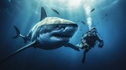 Scuba diver swims in the ocean with a shark
