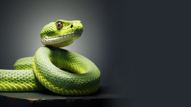 Green snake in alert position isolated on gray background