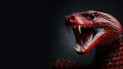 Red snake open mouth ready to attack isolated on gray background - obrazy, fototapety, plakaty