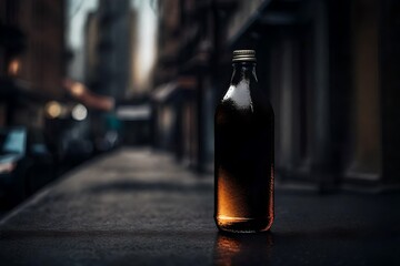 black beverage bottle template , urban background , soda bottle template in the streets - obrazy, fototapety, plakaty
