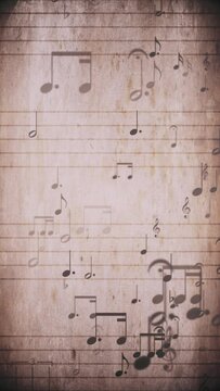 Vertical video - vintage sheet music notation manuscript with staff lines and musical notes moving gently across the sheet. This retro, grunge styled motion background is a seamless loop.