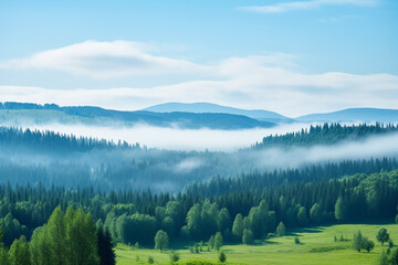 image of landscape where fog, haze, or low clouds hang beneath clear green-blue sky, showcasing...