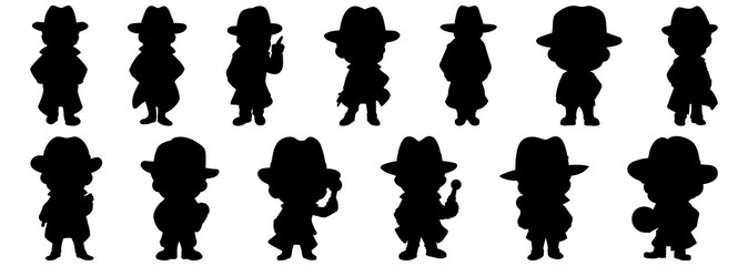Detective silhouettes set, large pack of vector silhouette design, isolated white background