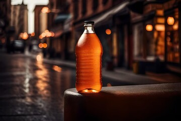 orange colored soda bottle in the streets , drink and beverage  brand advertising template