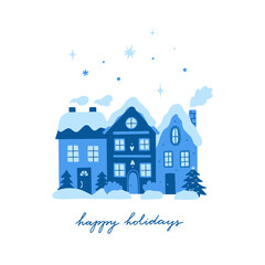Beautiful winter houses illustration. Christmas card vector clipart. Winter town hand drawn graphics