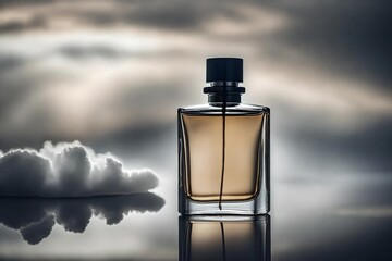 minimalist perfume flacon presentation , reflective surface and cloudy grey background