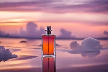 orange perfume bottle on purple sunset cloudscape background