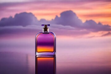 gradient colored perfume bottle on purple sunset cloudscape background - obrazy, fototapety, plakaty