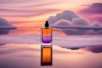 gradient colored perfume bottle on purple sunset cloudscape background