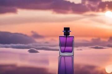 purple perfume bottle on purple sunset cloudscape background