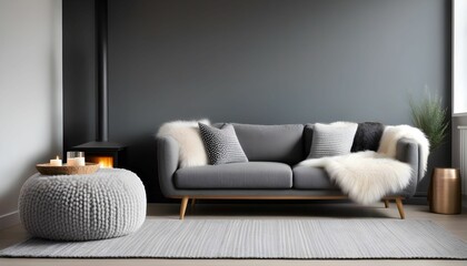 Knitted blanket on grey sofa and fur pouf in room with freestanding fireplace. Hygge, scandinavian home interior design of modern living room.