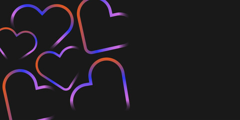 Banner with neon lights hearts with glow effect and copy space for text. Happy Valentines day background in y2k style. Vector romance greeting web banner layout