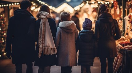 Back view of a joyful family enjoys a winter day at the Christmas market.