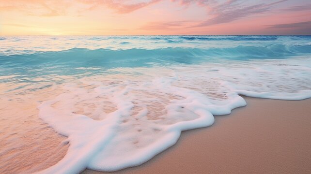 Waves on the beach at sunset, light pink and turquoise, serene maritime themes, desktop background, Ai generated
