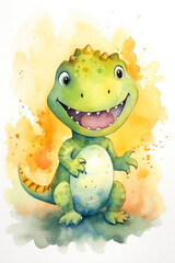 T-rex dinosaur watercolor background. Cute adorable T-rex card