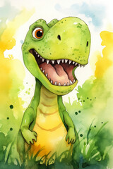 Naklejka premium T-rex dinosaur watercolor background. Cute adorable T-rex card