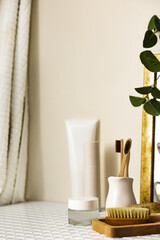 Bathroom sink table with morning hygiene accessories