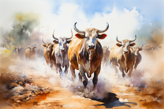 watercolor drawing of sacred cows of India walking through a field towards the city to celebrate the festival of colors Holi, copying the space, creating an atmosphere of fun and festive delight