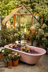 Beautiful garden with pink bathtub, vintage greenhouse and lots of flowers. Concept of cozy backyard space and beauty