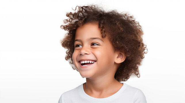 Studio portrait of a smiling diverse boy child isolated on a white background with space for copy