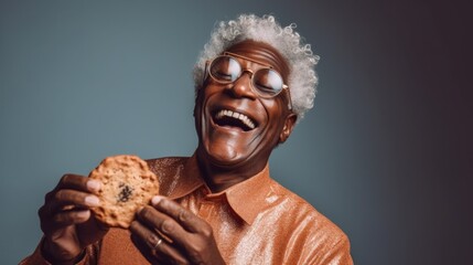 Senior afro man relishing a delightful chocolate treat.