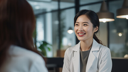 portrait of an Asian doctor talking to a person in a medical office