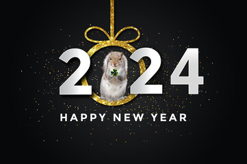 happy new year 2024 with a squirrel, black - gold background.