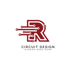 Letter R logo, Circuit shape symbol, Technology and digital abstract dot connection. Alphabet R tech logotype, design, internet, systems, Artificial Intelligence and computers - obrazy, fototapety, plakaty