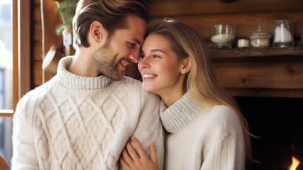 Fototapeta premium Beautiful couple in white sweaters hugging while sitting in front of the fireplace.