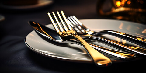 Metallic Silverware Set, Shiny silverware in a row utensils for elegant dining arrangements generated by AI
