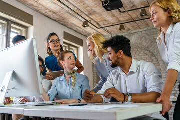 Diverse business people in office during brainstorming while discussing new ideas for new project