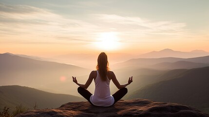 Rear view of a woman doing yoga on the mountain.Meditated woman practicing yoga on mountain .sunrise background