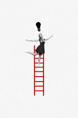 Creative abstract template collage of positive funny young female climb ladder electric bulb reach idea fantasy billboard comics zine © deagreez