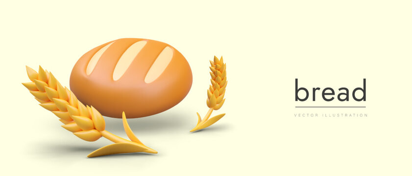 Placard with bread and wheat on yellow background with place for text. Freshly baked bread for sale. Online order concept. Vector illustration, bakery products in 3d style