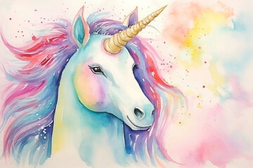 Unicorn watercolor background. Cute adorable unicorn card - obrazy, fototapety, plakaty