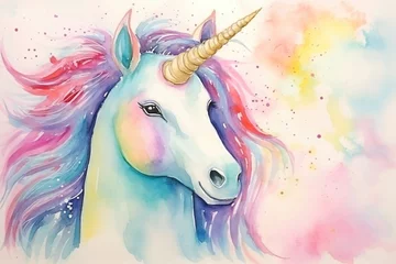 Muurstickers Unicorn watercolor background. Cute adorable unicorn card © BHM