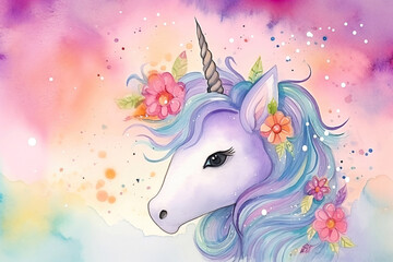 Unicorn watercolor background. Cute adorable unicorn card