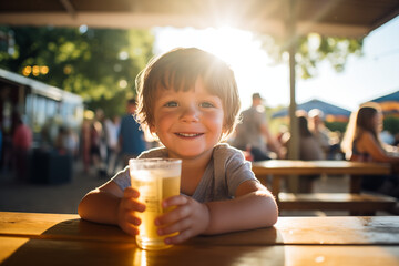 cute happy young boy child drinking pint of beer at outdoor bar in sunshine