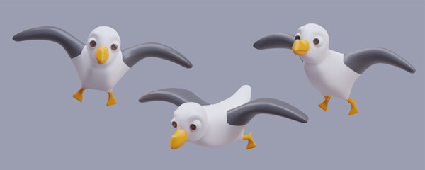 Seagull with black wings, yellow beak and paws in different positions. Seabird flying. Beautiful bird concept. Vector illustration in 3d style on gray background