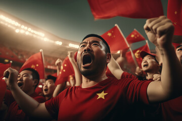 Chinese fans cheering on their team from the stands - obrazy, fototapety, plakaty