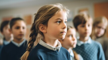 Caucasian pupil girl from different backgrounds studying together in a classroom.