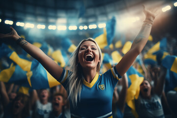 Swedish fans cheering on their team from the stands - obrazy, fototapety, plakaty