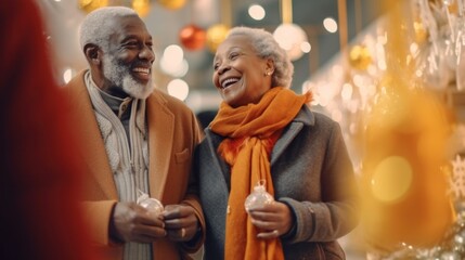 Obraz na płótnie Canvas Senior Afro couple explores city streets amid Christmas market delights.