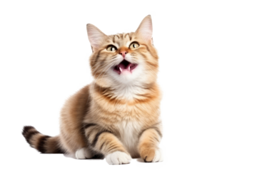 Cute fluffy portrait smile kitty Cat that looking at camera isolated on clear png background, funny moment, lovely cat, pet concept.